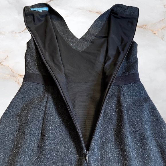 Stretchy Black and Tweed-Look V-Neck Midi Sheath Dress Slimming Waist Detail - Picture 4 of 7